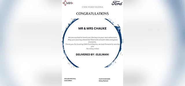 CMH l Ford Gezina l Delivery Certificate